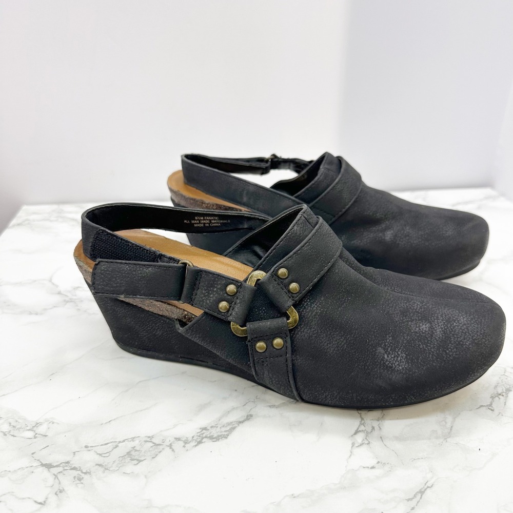 Axxiom Fanatic Wedge Clogs Women 8.5 Black Good Slingback Sandals Brass Hardware - Picture 3 of 6